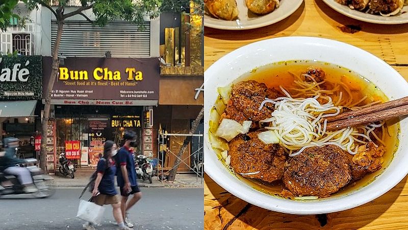 A variety of bun cha and fried spring rolls at Bun Cha Ta