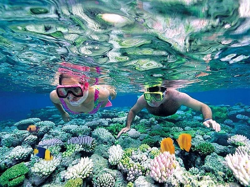 Hon Mun Island with vibrant coral reefs