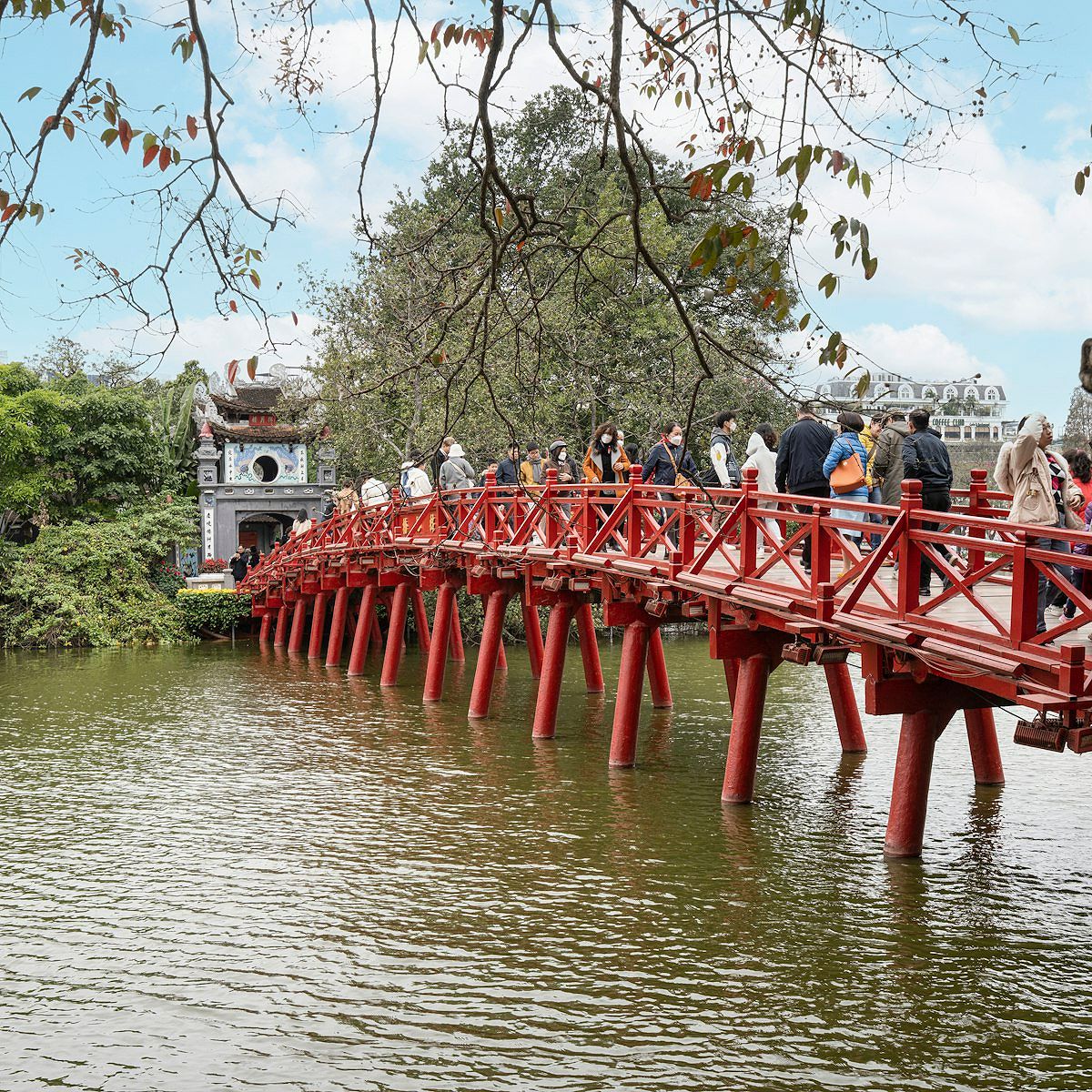 View of Ngoc Son Temple on Hoan Kiem Lake with its picturesque surroundings